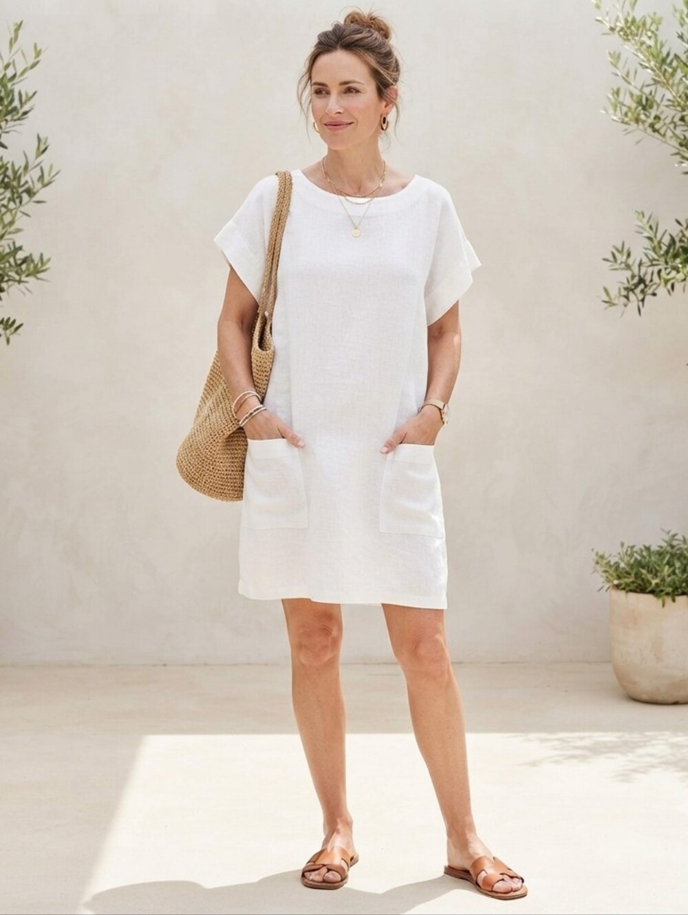 Bryn Walker 100% Linen White Shift Dress Made in USA Size L